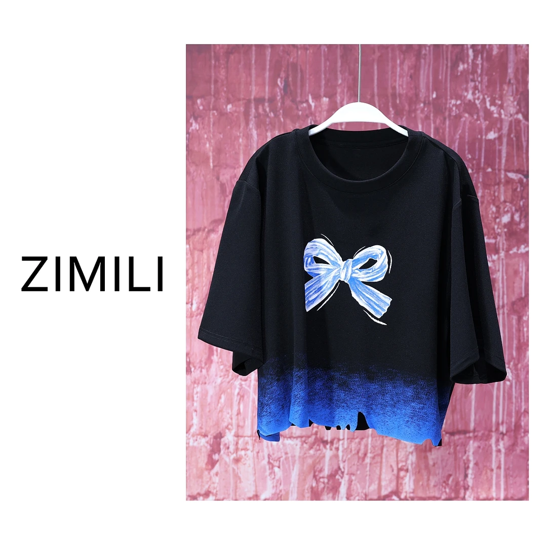 【亮哥女装】2025欧版时装周午夜黑渐变印花高克重短袖7777-B3