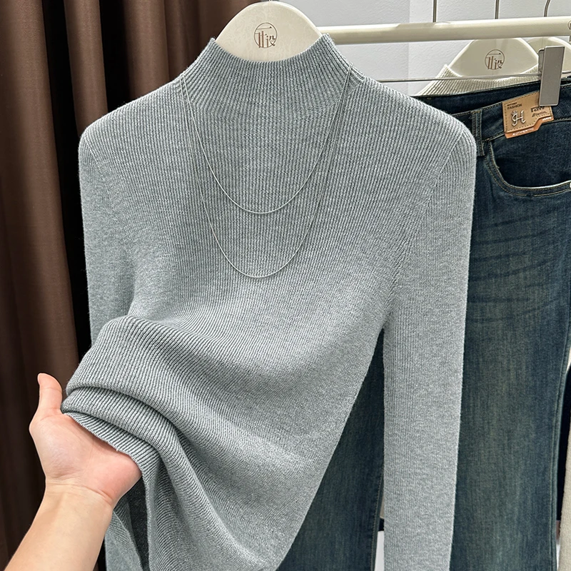 灰色半高领长袖针织毛衣女秋冬新款时尚内搭打底衫高级感韩系上衣