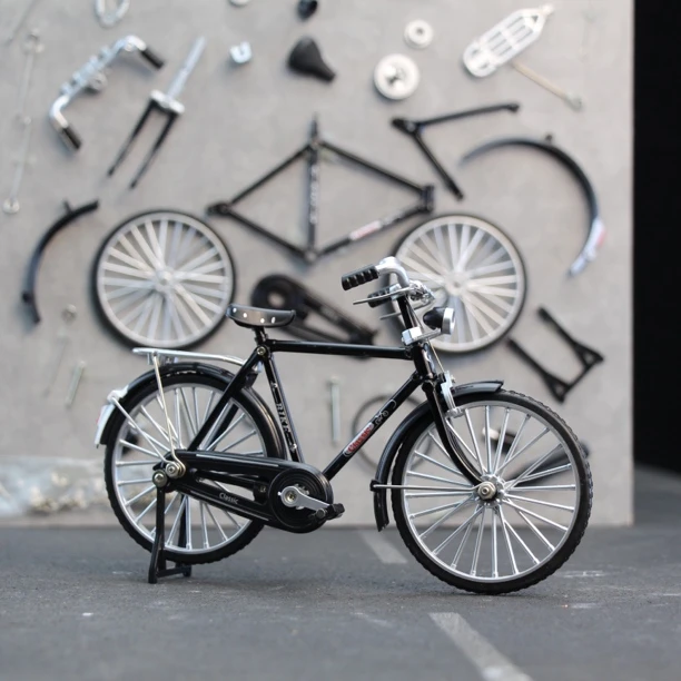 经典复古拼装二八大杠合金自行车模型静态摆件可滑行转向联动链条