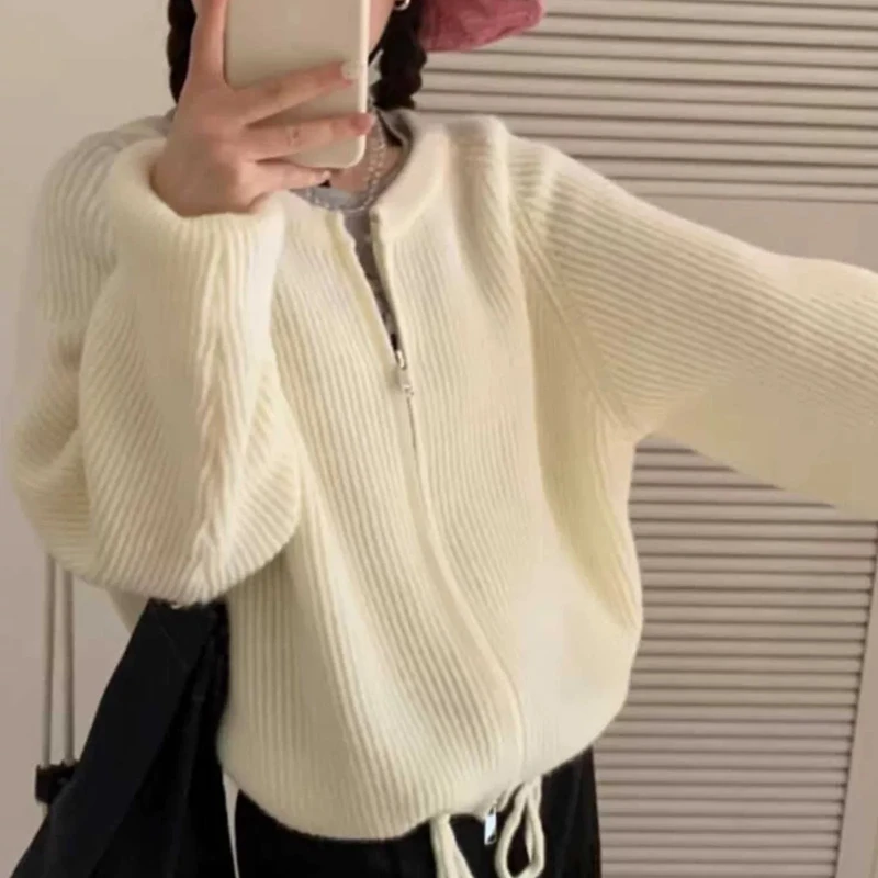 短款设计感抽绳针织开衫女慵懒风韩系穿搭毛衣宽松外套 7779