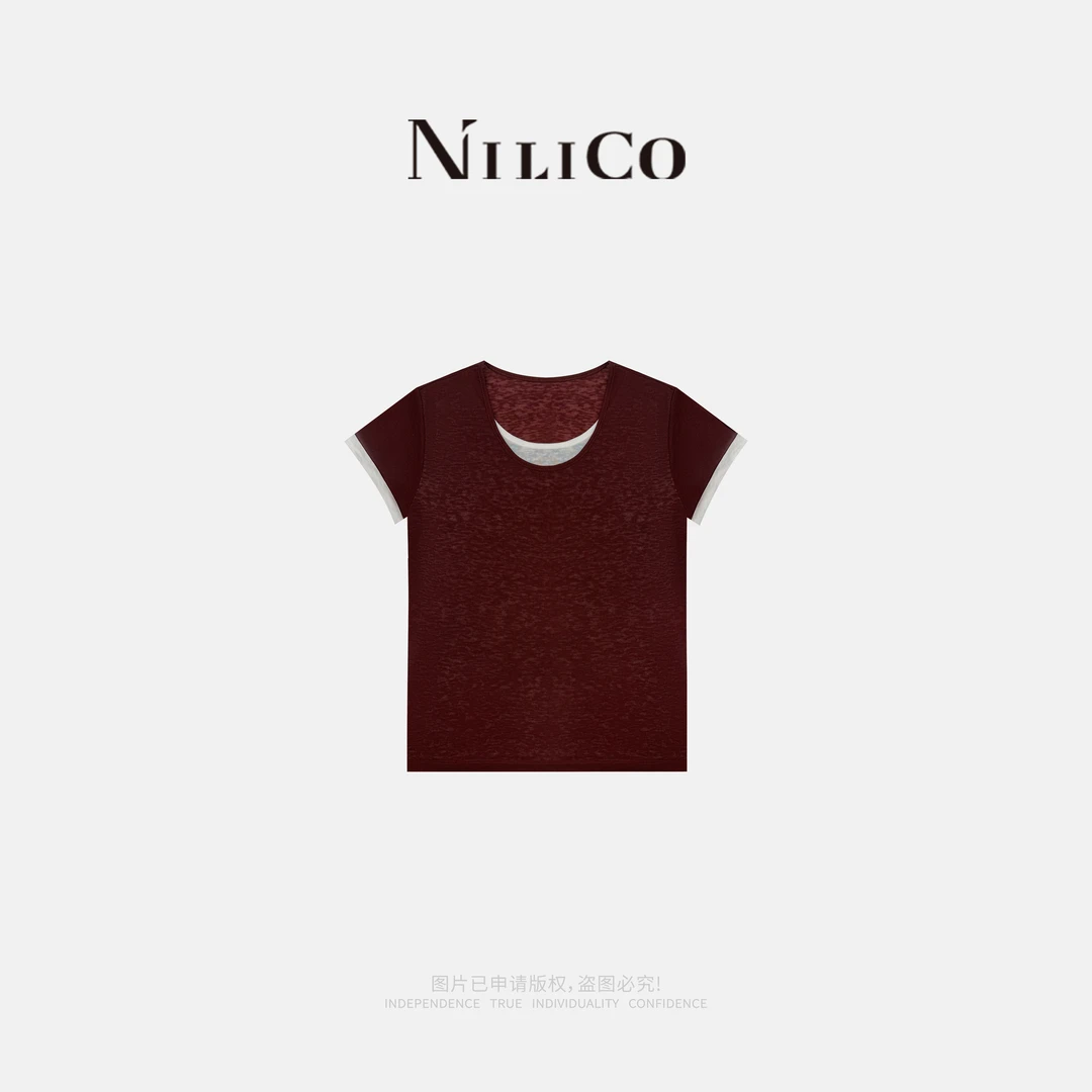 NILICO【万搭胶囊】设计感撞色拼接假两件气质百搭短袖T恤