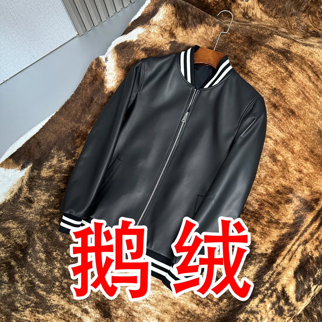 冬季男士绵羊皮休闲修身羽绒服真皮皮衣时尚简约棒球领夹克7A2666