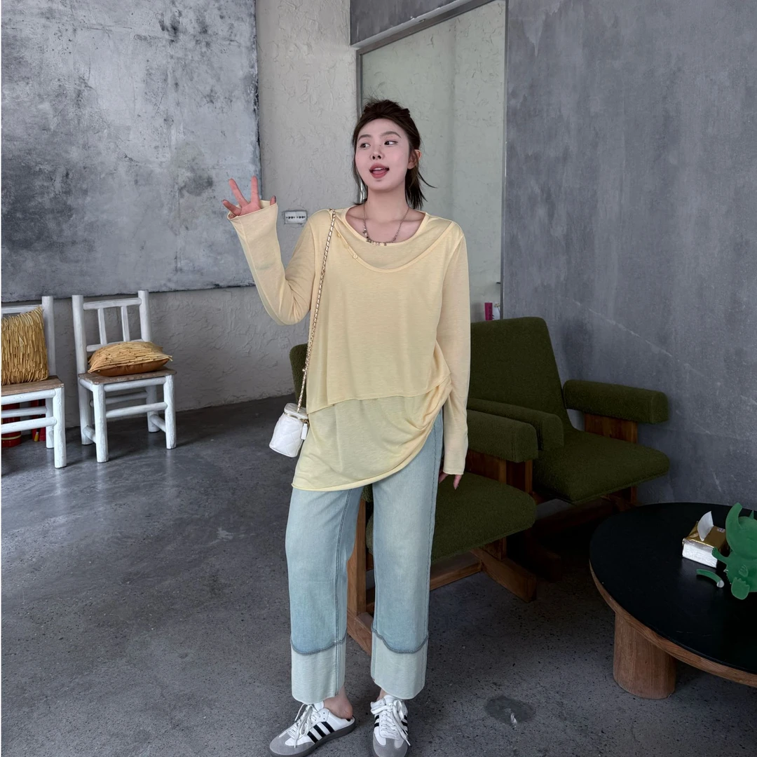 晶咕软软【黄油曲奇】夏季薄款宽松韩版大领口假两件凉感长