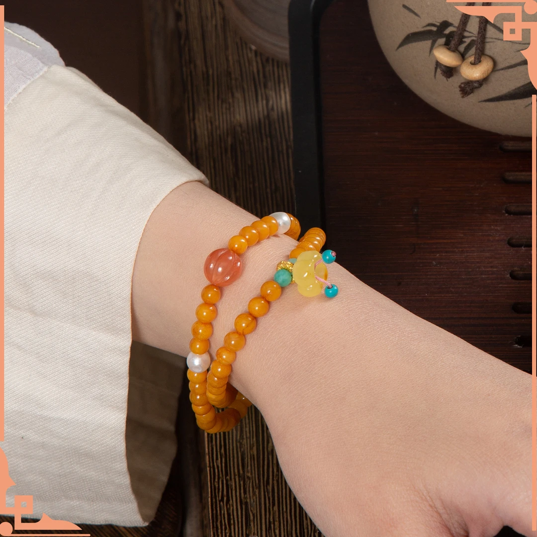 【铭奢精品】天然蜜蜡鸡油黄双圈南红轻奢百搭串多样性发货发其一