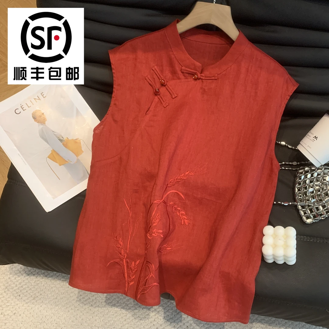 夏季无袖新中式立领刺绣薄款衬衫时尚女装女士上衣套头T恤1345