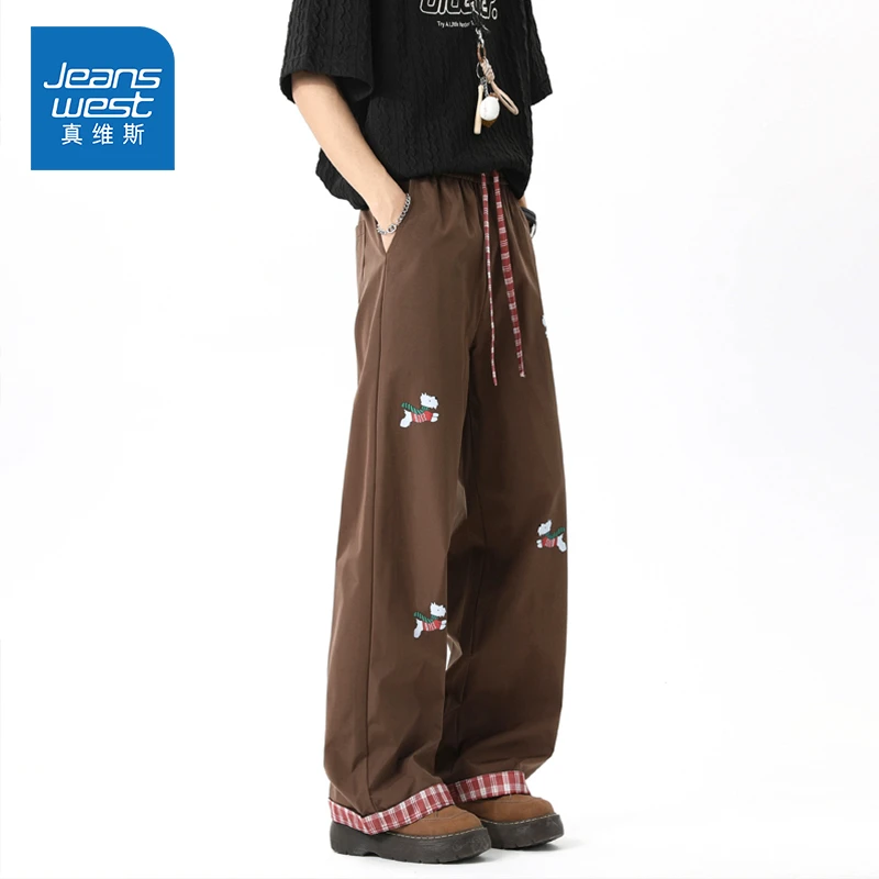 真维斯美式腊肠狗刺绣冰丝裤男生夏季薄款潮牌宽松运动阔腿休闲裤