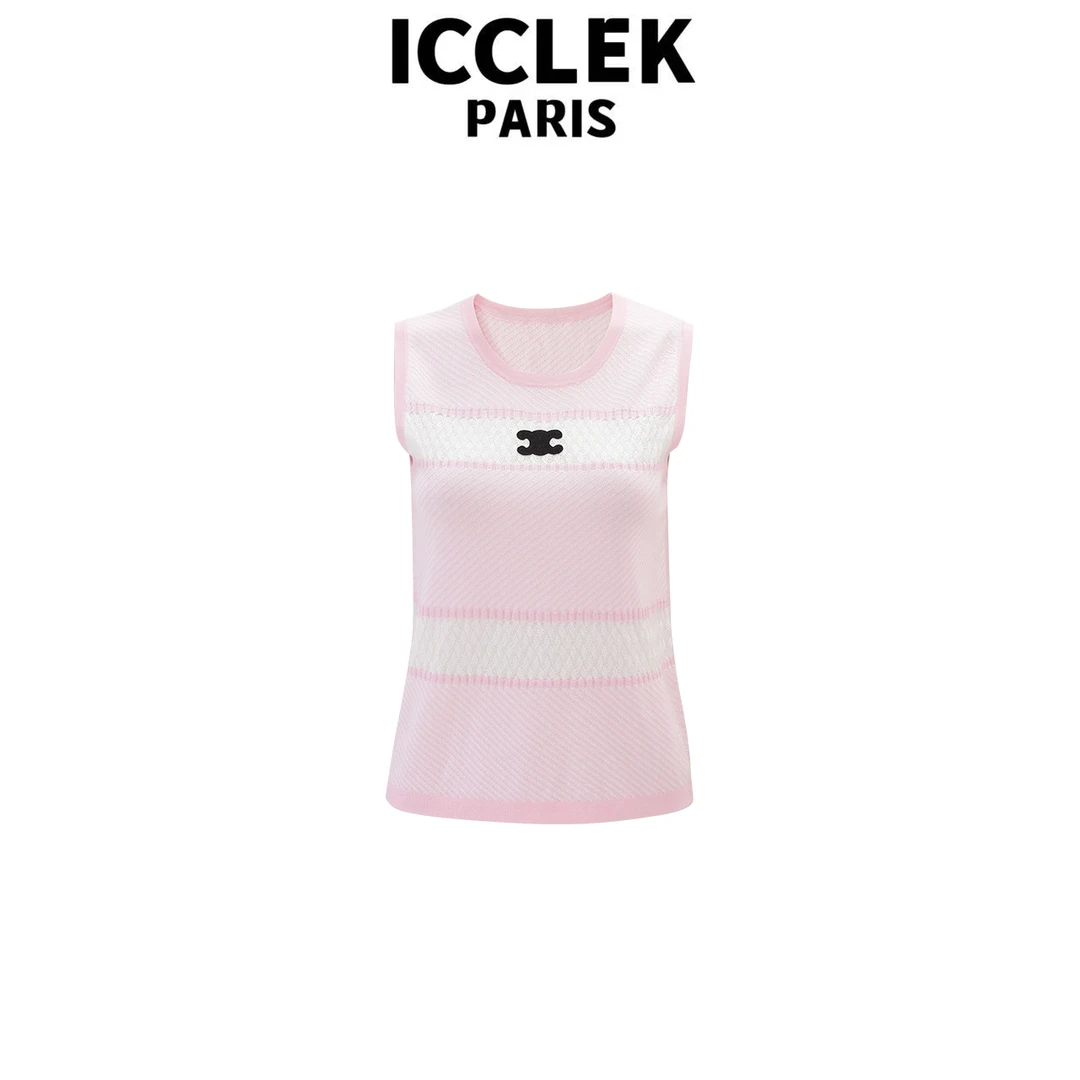 ICCLEK  粉色撞色条纹针织背心 百搭  -5576
