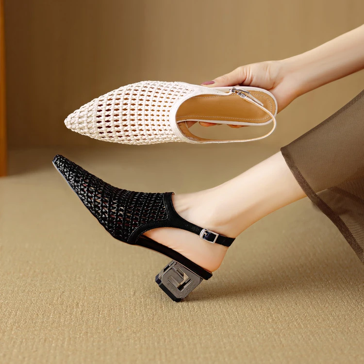 牛皮+编织5.5cm包头拖镂空凉鞋拖鞋女夏季外穿2025新款小众懒人鞋