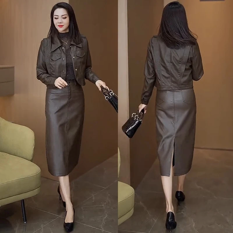 时尚套装裙女2024秋冬新款中长款显瘦皮衣外套爆款皮裙洋气两件套
