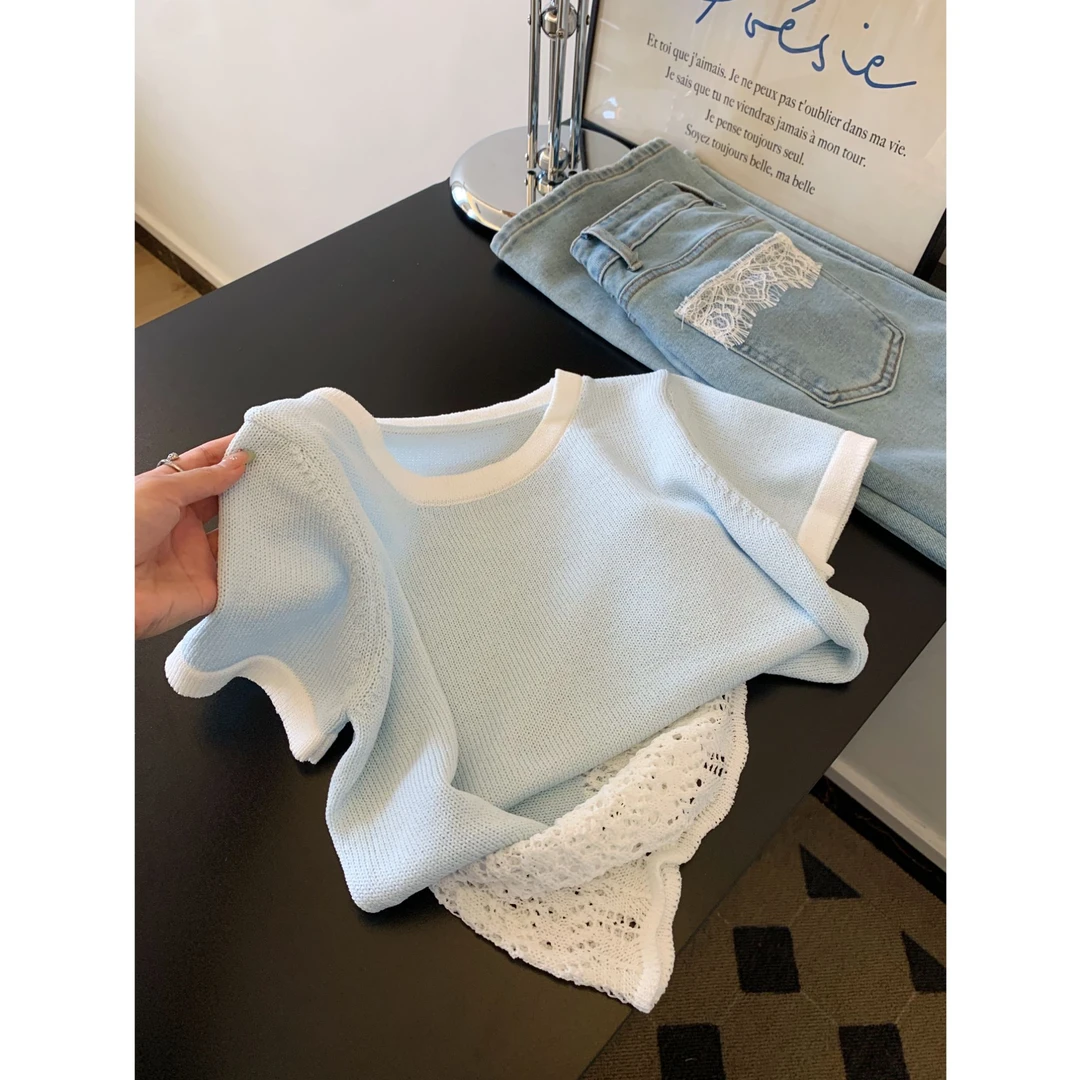 浅蓝色设计感镂空针织衫短袖女可外穿精致打底衫慵懒风上衣女春秋