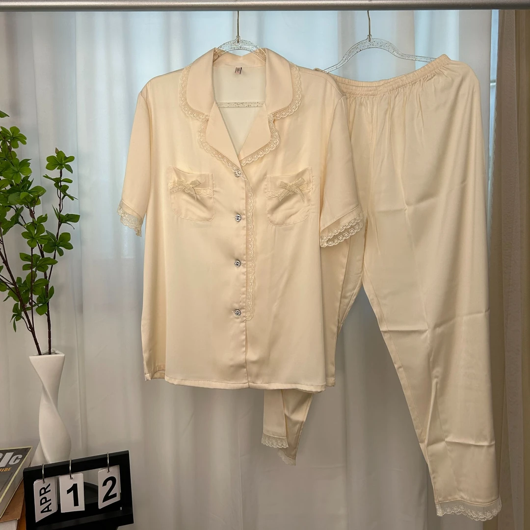 御姐风高级感夏季新款仿醋酸女士睡衣纯色蕾丝轻奢丝滑透气家居服