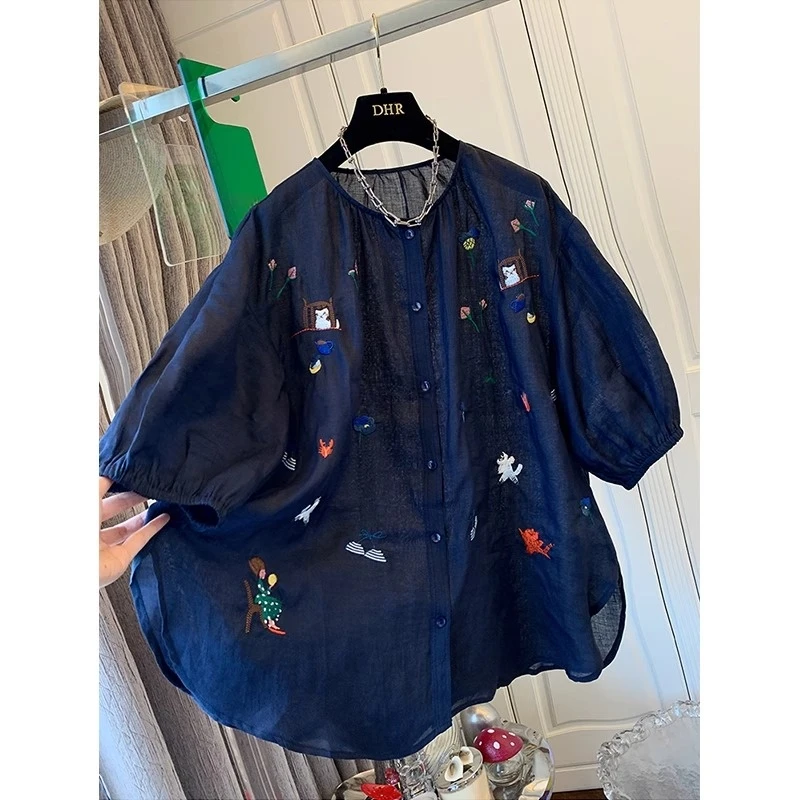 胖妹妹240斤大码独特洋气漂亮刺绣轻薄苎麻衬衫短袖女夏宽松上衣