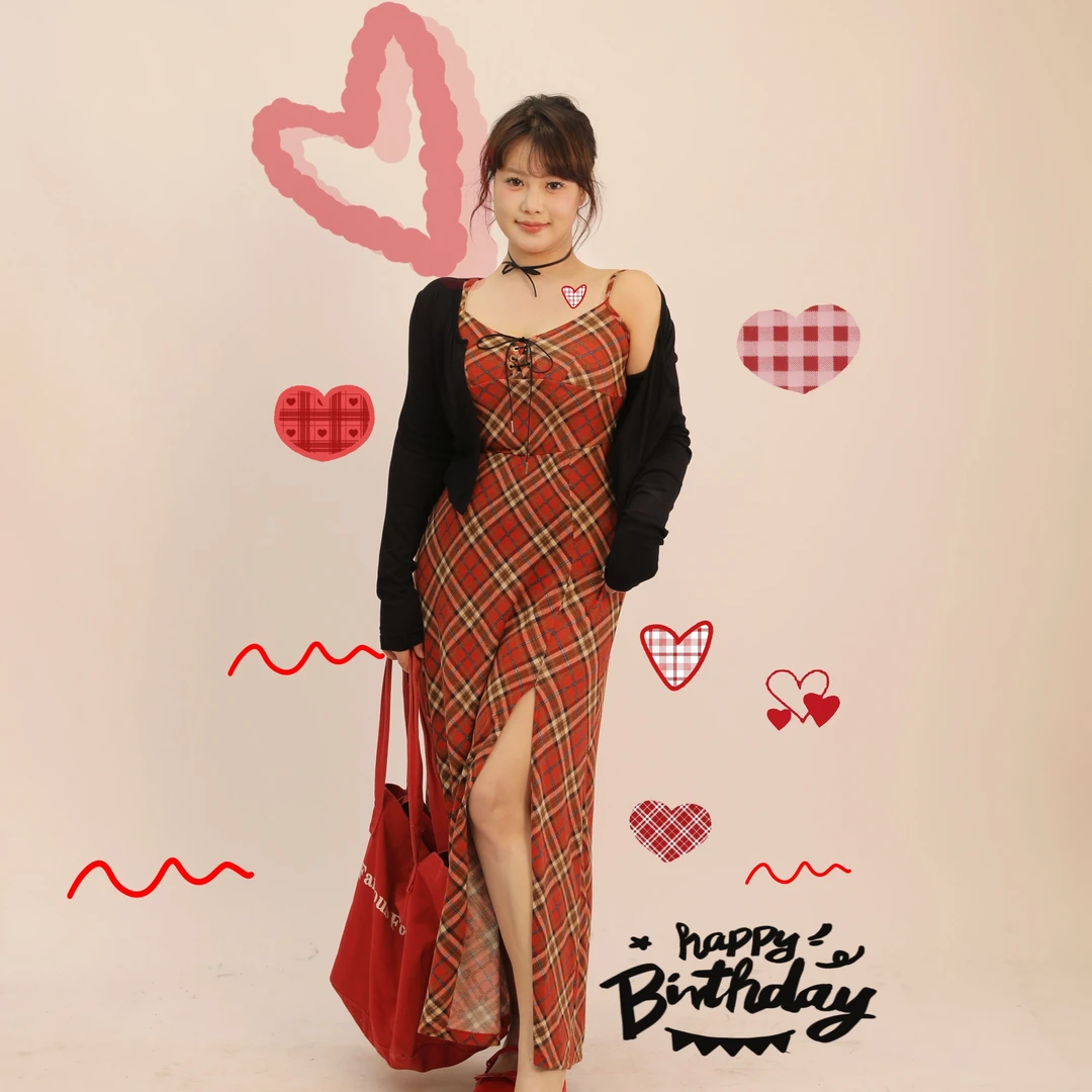 【2月21日新品】大码百分百春季复古红色格纹吊带裙连衣裙女N9146