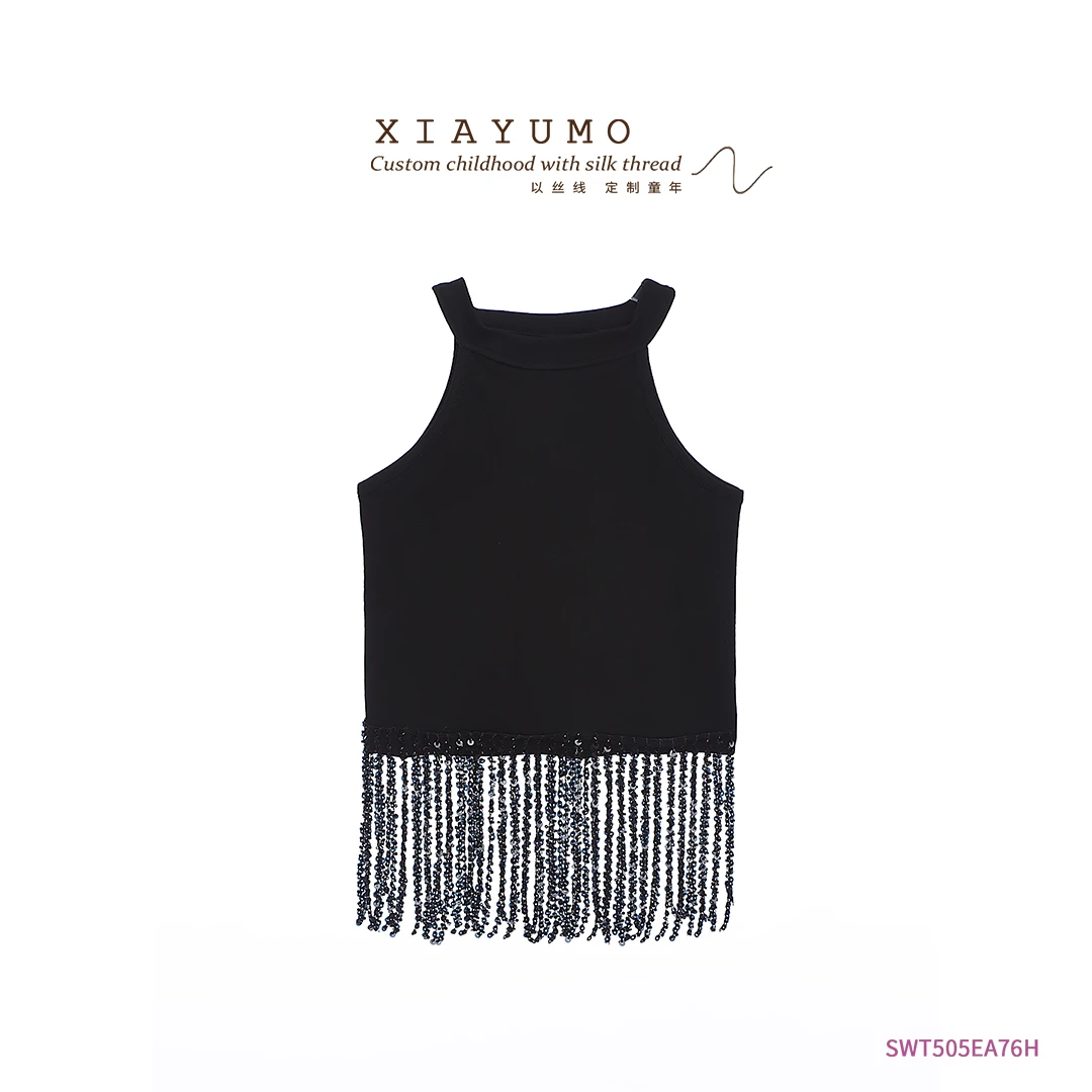 夏羽墨夏季新款黑色流苏气质女童时尚女士无袖设计师蕾丝上衣