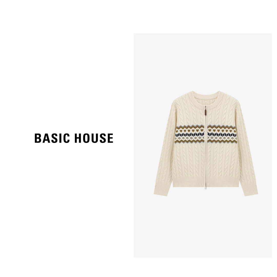 Basic House/百家好慵懒风费尔岛宽松拉链开衫毛衣-B0625B5JPT2