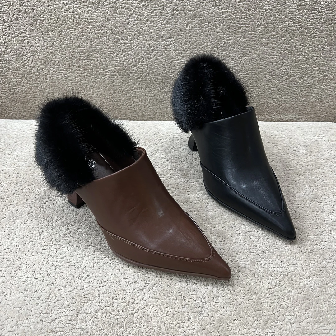 【Harvisss】2025冬秋新款水貂毛粗跟真皮气质百搭女士单鞋5-5cm