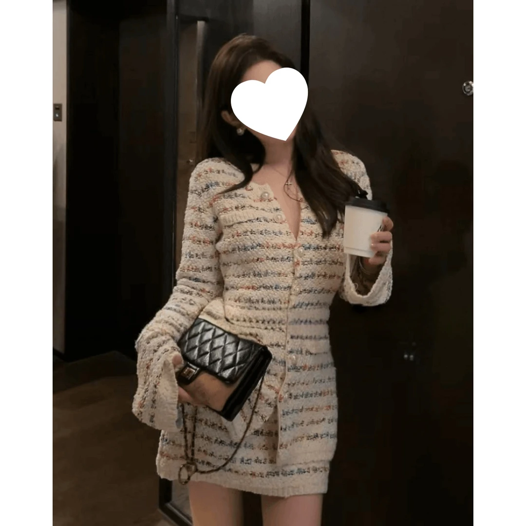 法式小香风高级感气质绝美针织开衫外套高腰a字半身裙两件套女秋