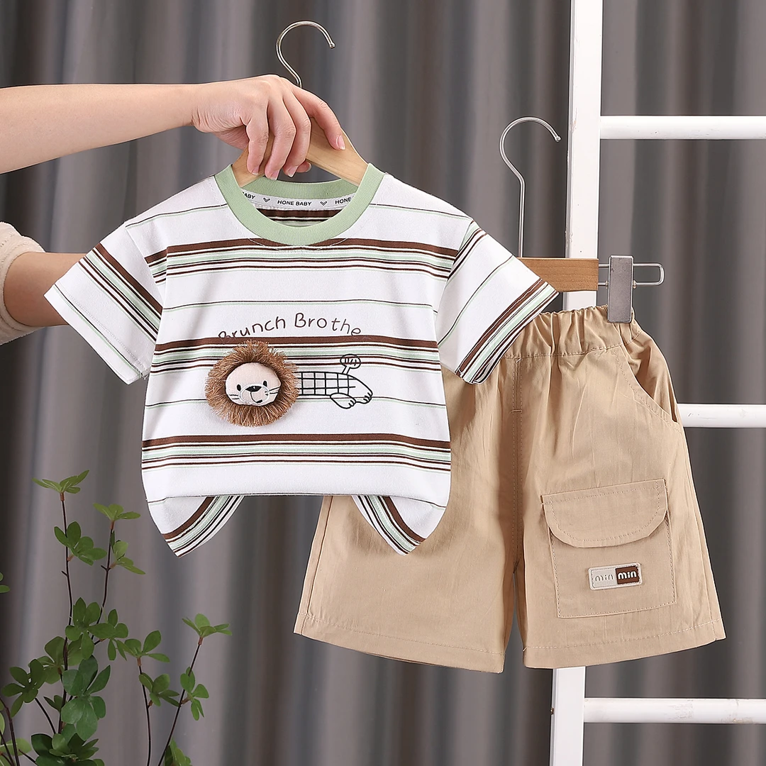2025新款儿童短袖套装条纹男童T恤两件套夏季宝宝婴儿衣服韩版潮