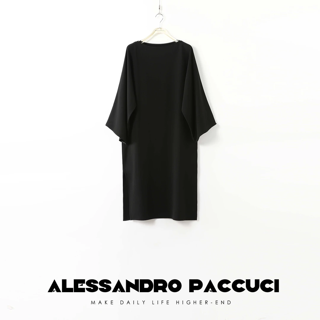 AP洛哥26838X【风雅】 醋酯纤维侧开叉丝滑黑色宽松极简优雅连衣裙