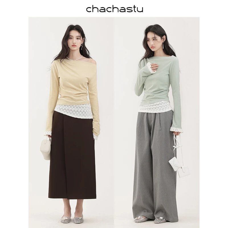 CHACHASTU随性气质显瘦一字领 蕾丝边边拼接T恤H4018W