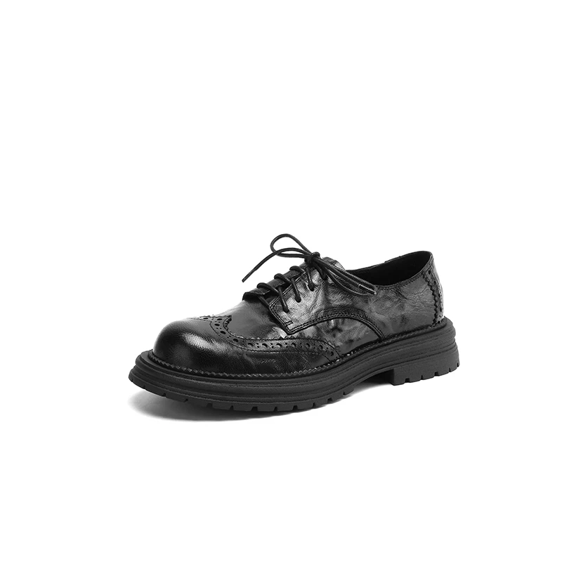 软羊皮深口英伦防滑薄款纯色春秋圆头舒适厚底牛津鞋乐福鞋黑色