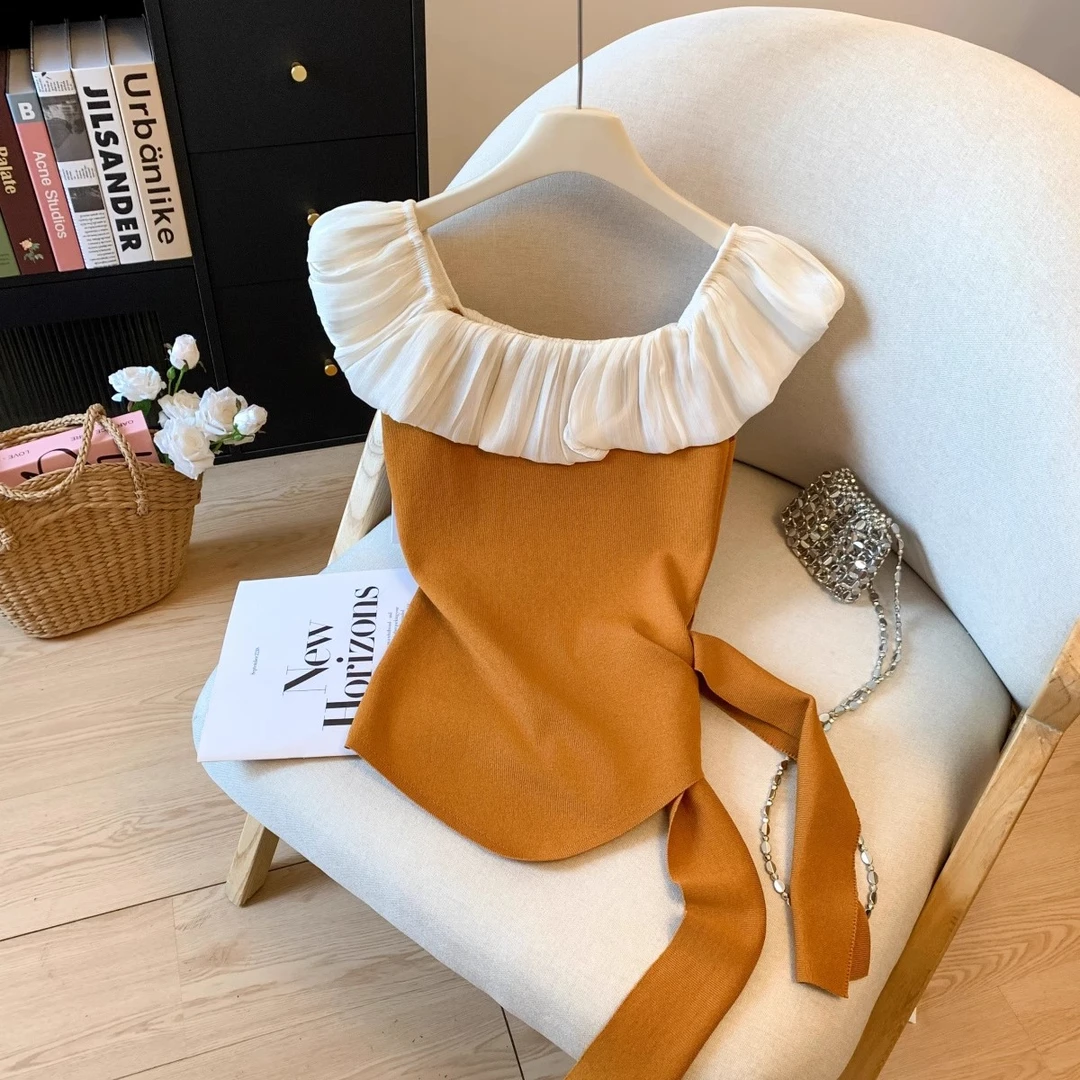 辣妹一字肩荷叶边拼接针织背心女夏季不规则收腰绑带外穿小衫上衣