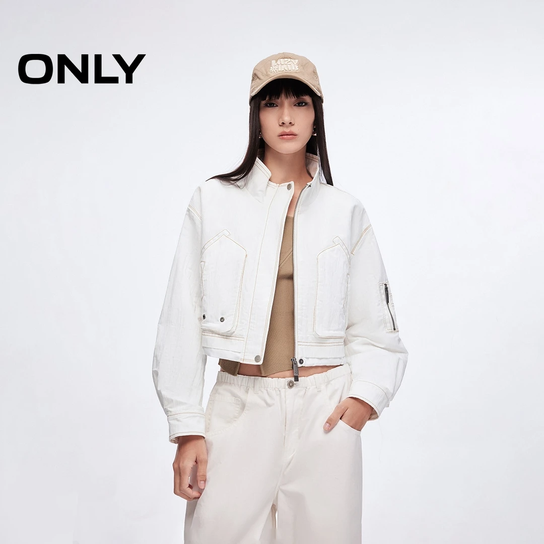 ONLY秋季微落肩立领短款夹克外套女酷飒风女装高级感|125136056