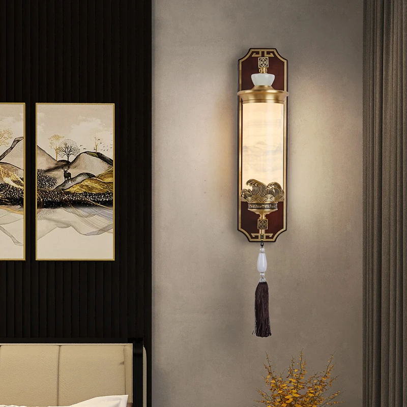 新中式高端全铜加玉石大气国风禅意客厅卧室书房茶室背景墙壁灯