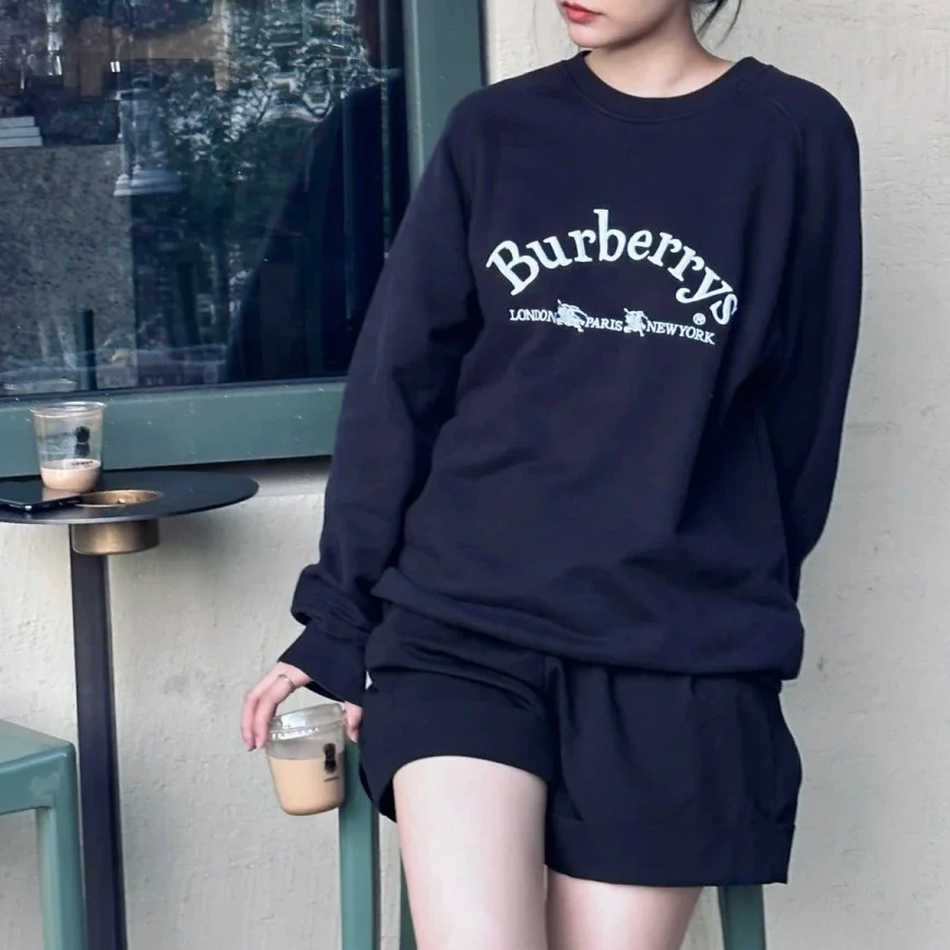 99新 BURBERRY/博柏利 Y3089 纯色Logo战马刺绣休闲长袖 L码