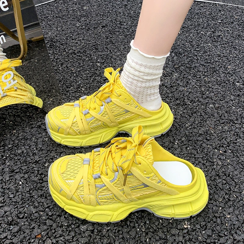 时尚潮流个性半拖鞋女2025夏季新款透气网面休闲系带厚底老爹鞋潮