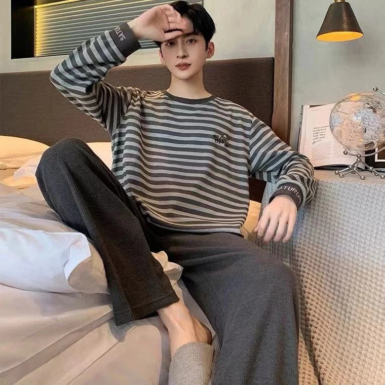 睡衣男款秋季纯棉套装男士家居服高中生圆领全棉长袖薄款外穿男款