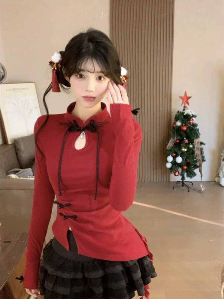 【葡萄家】大码新年氛围感立领长袖打底新款设计感收腰红色上衣