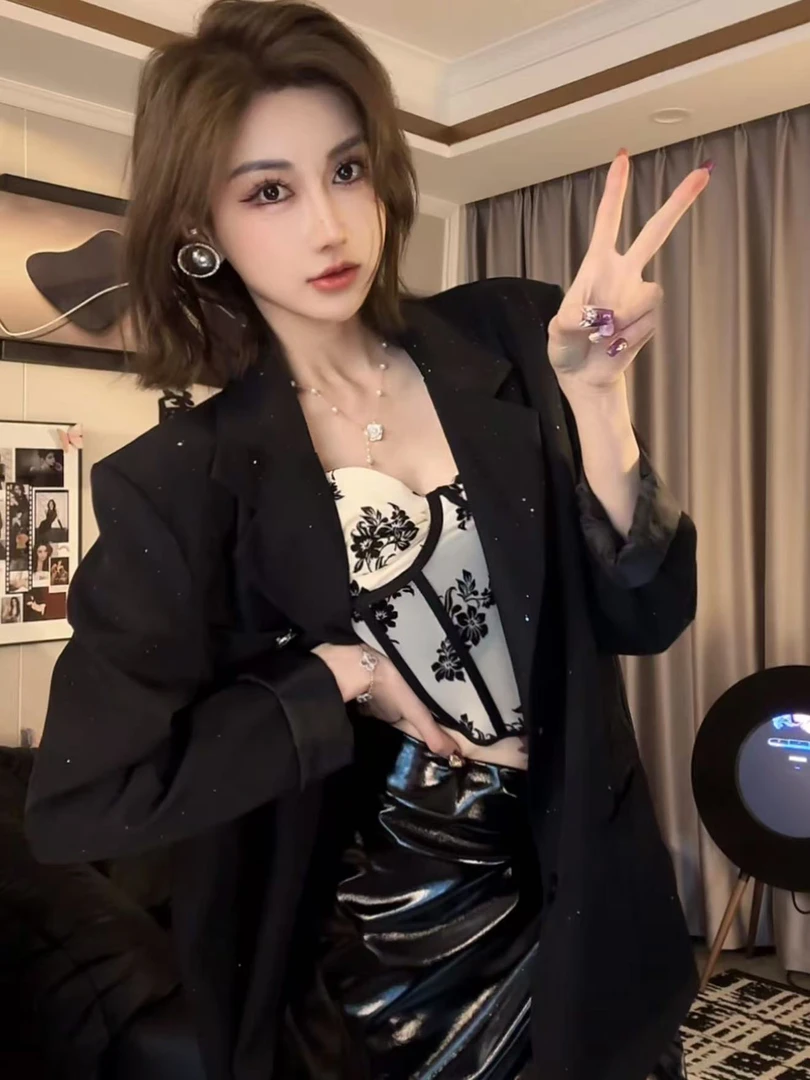 【浠儿姐姐专属】满天星撒粉设计感黑色西装外套烫金闪闪高级感西服