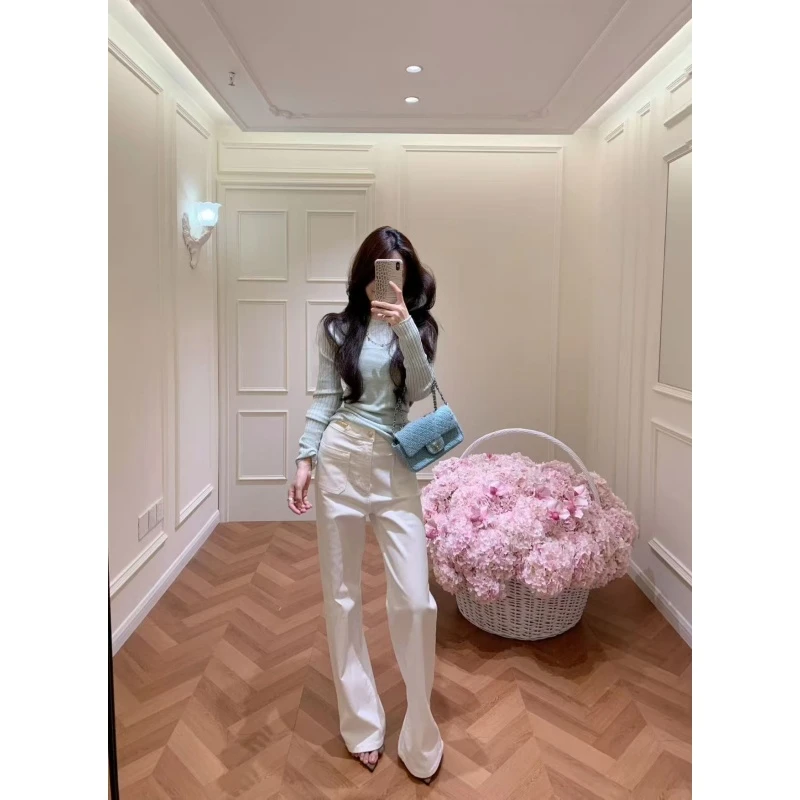 老钱风松弛感女装修身气质显瘦长袖上衣高腰白色宽松阔腿裤两件套