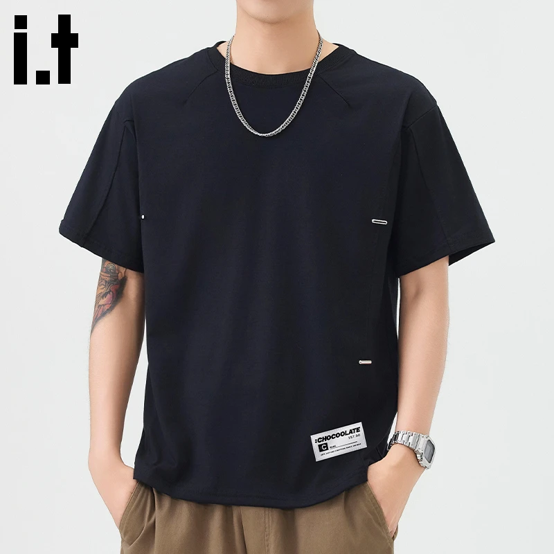 i.t:CHOCOOLATE黑色拼接短袖t恤夏季2025年潮牌宽松男士百搭半袖
