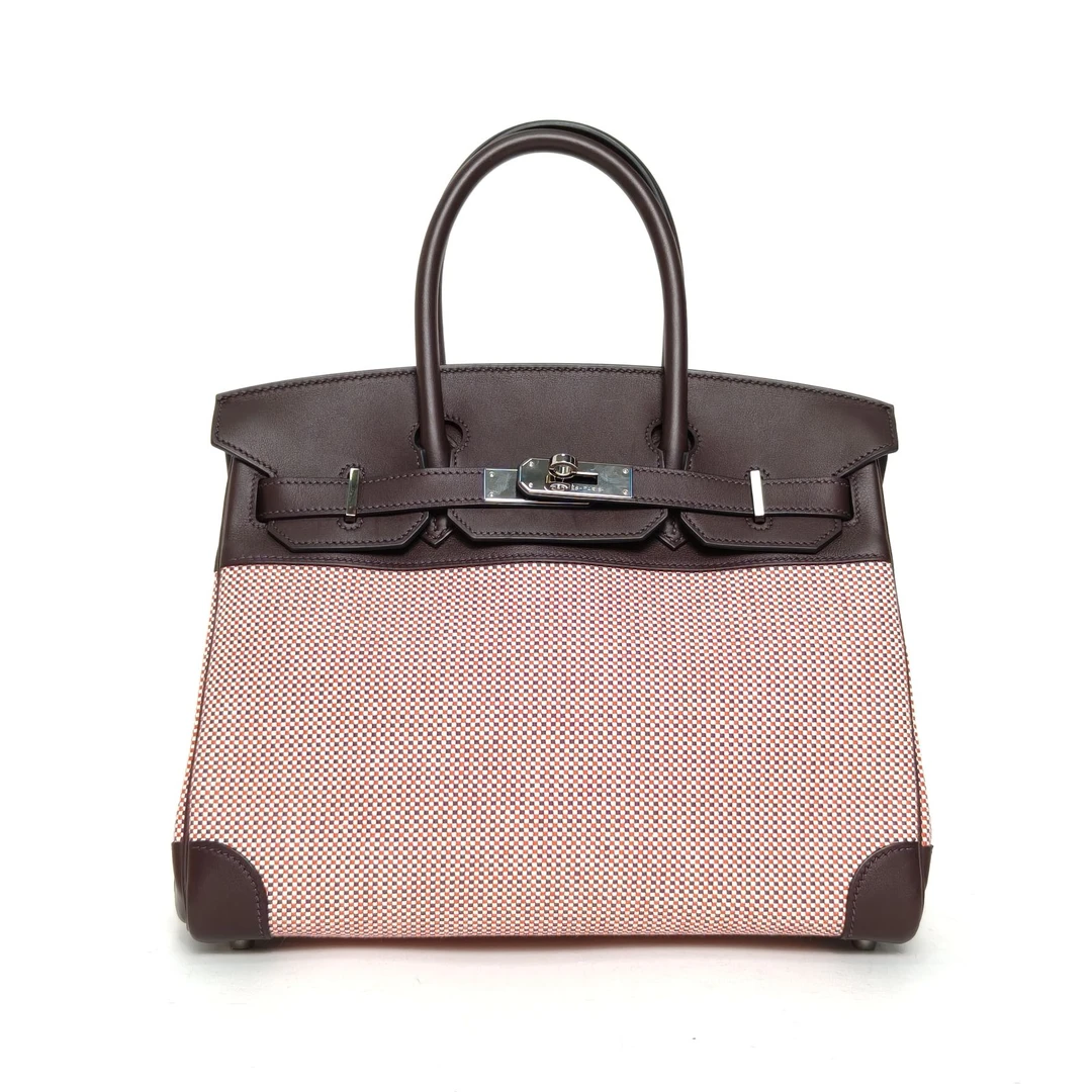 99新 Hermes/爱马仕 小花6枫Birkin 30 砖红色拼马鞍红U刻 银扣包