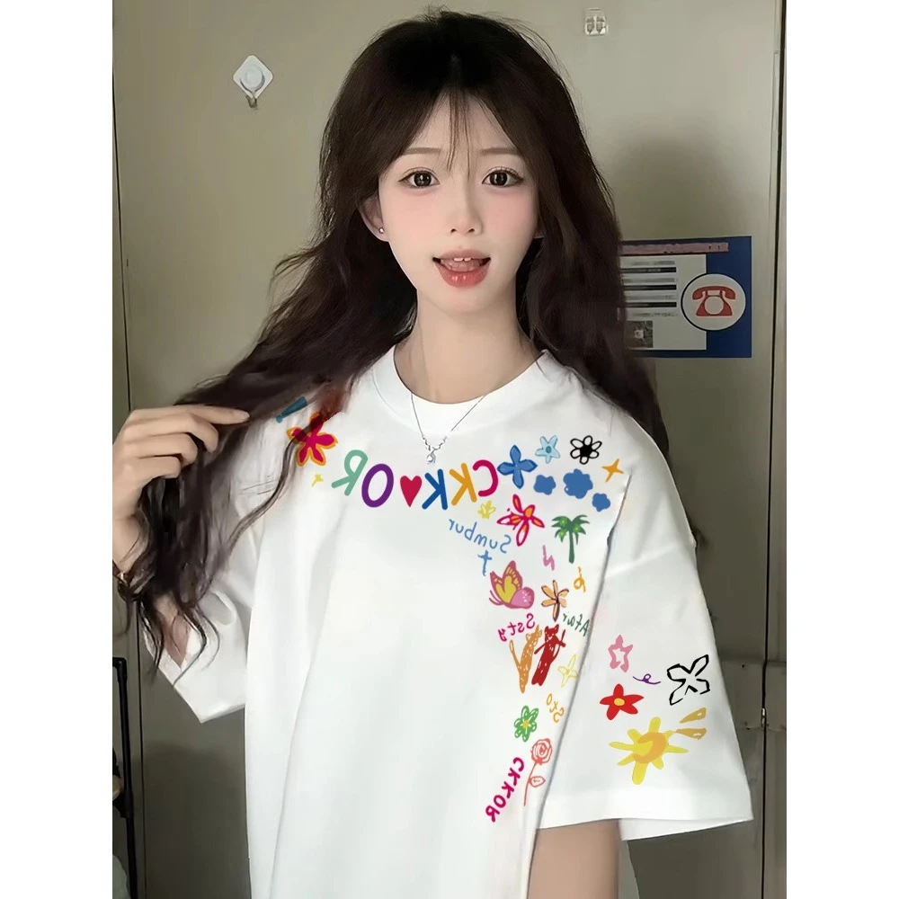 夏季新款韩版穿搭休闲短袖t恤女美式复古字母印花宽松慵懒风上衣