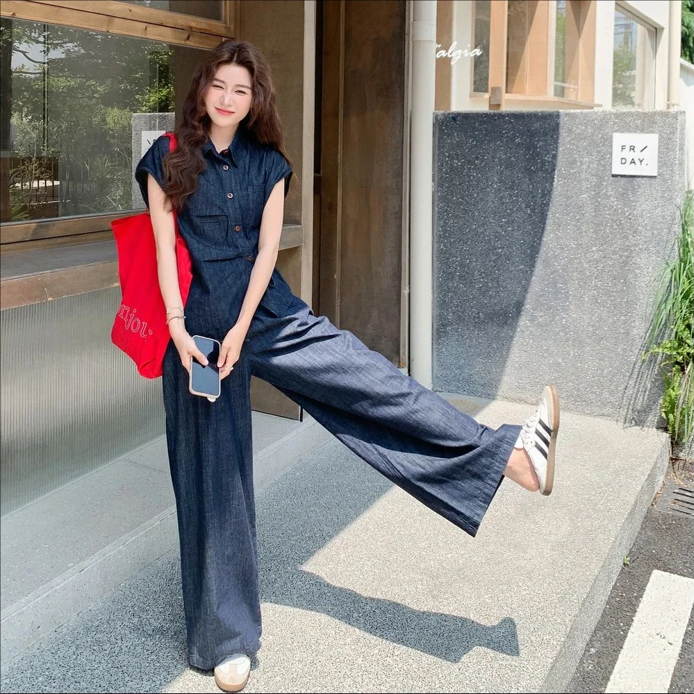 一整套ootd穿搭减龄韩里韩气大方得体巨好看牛仔衬衫阔腿裤两件套