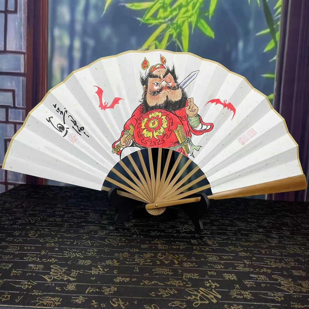 手绘国潮版钟馗十寸十五方头青油竹文玩折扇