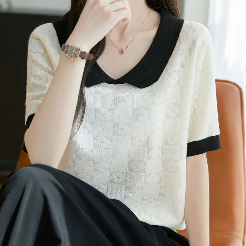 羊范翻领撞色精纺羊毛提花针织短袖t恤夏季新款打底衫女装薄款