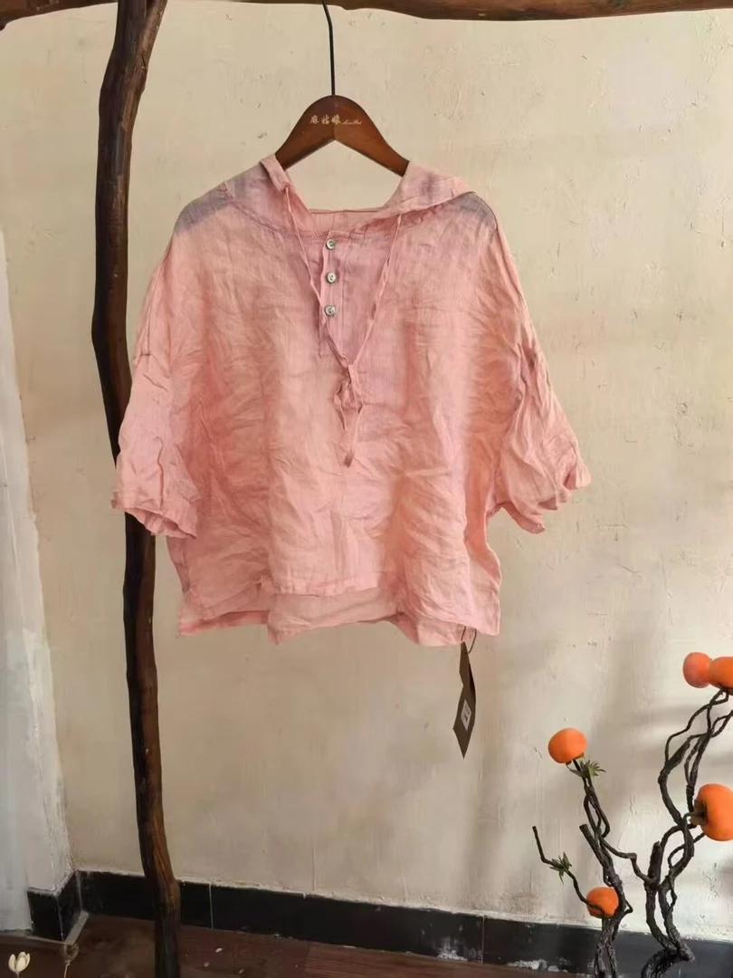 文艺复古个性苎麻连帽套头短袖小衫