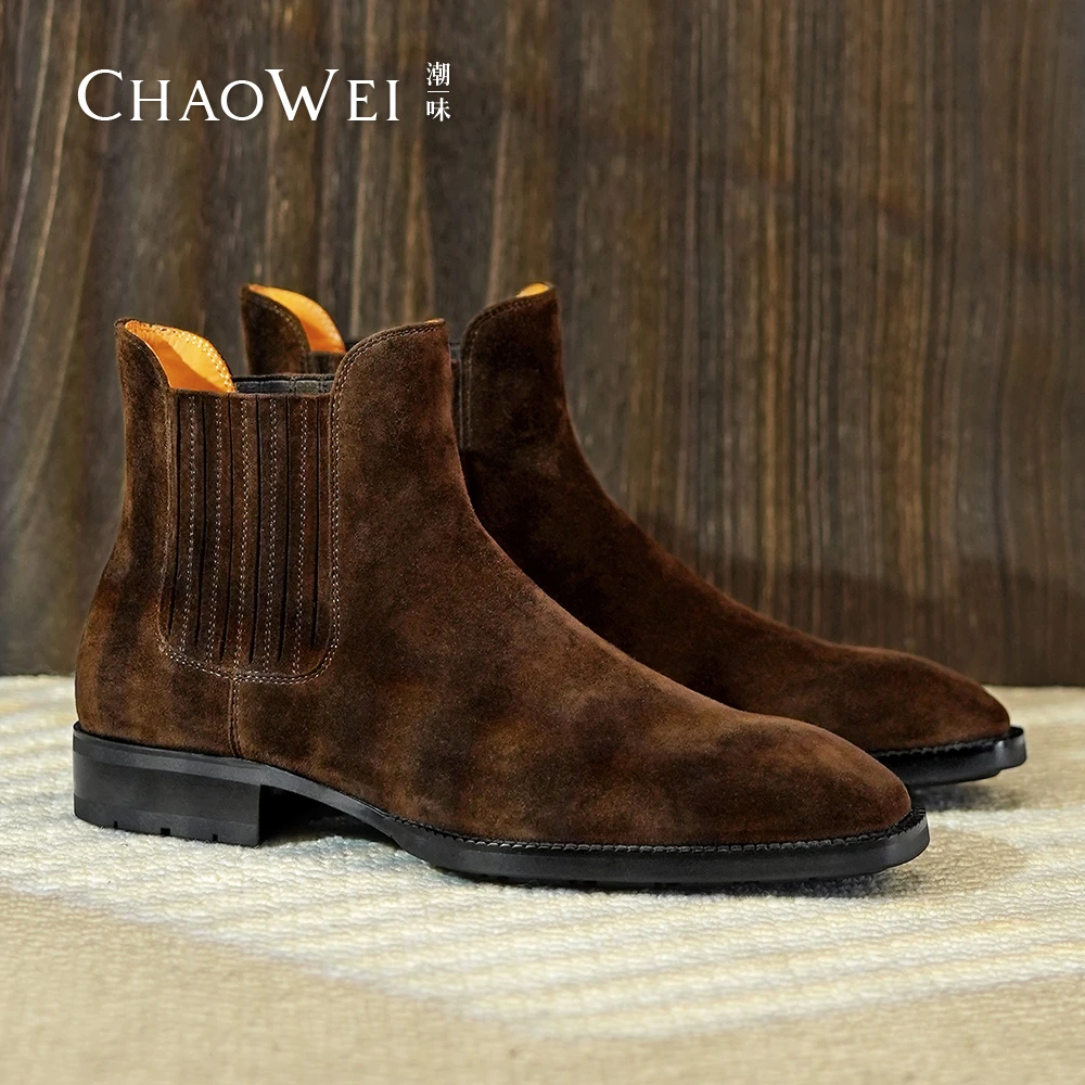 潮味新款秋冬方头百搭时尚舒适防滑橡胶底复古反绒切尔西靴B750