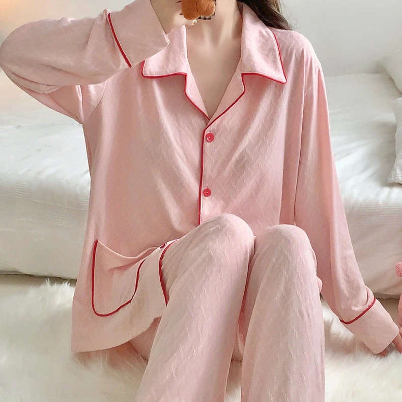 春秋新款家居服女士套装长袖开衫大口袋纯色简约宽松甜美宿舍睡衣