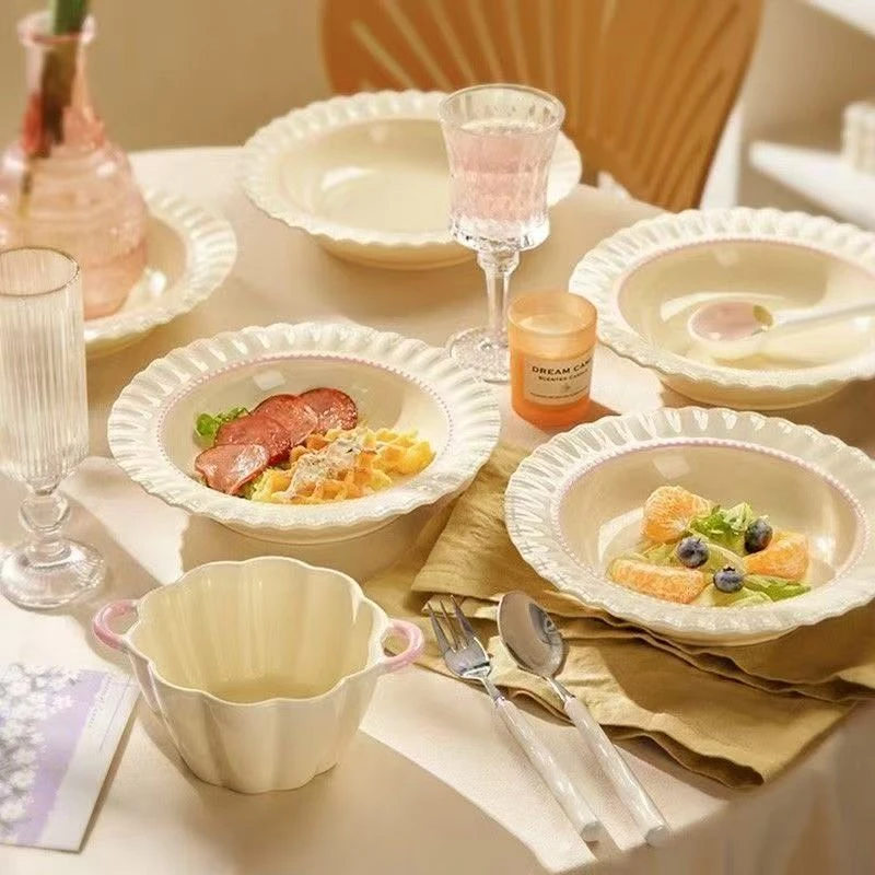 8.5英寸粉黛折边盘2只装西餐盘意面盘高端深盘家用简约法式INS风