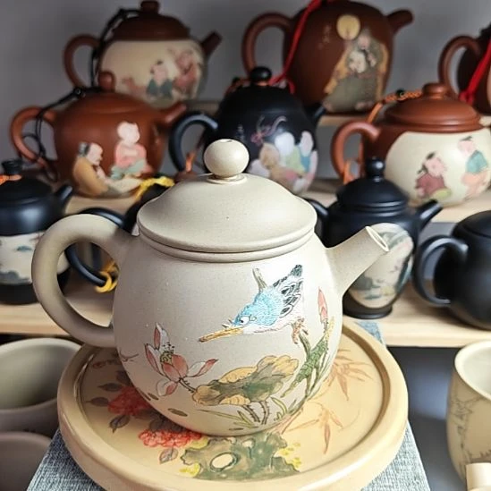 建水紫陶堆雕刻绘茶复烧微瑕14号220cc