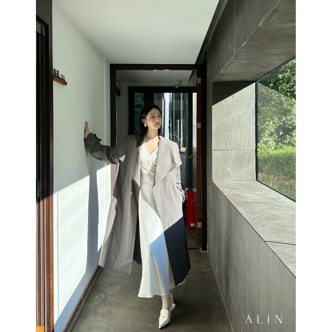 阿琳ALIN【序木三分】秋季新款女气质大翻领长款风衣外套AL5GSF11