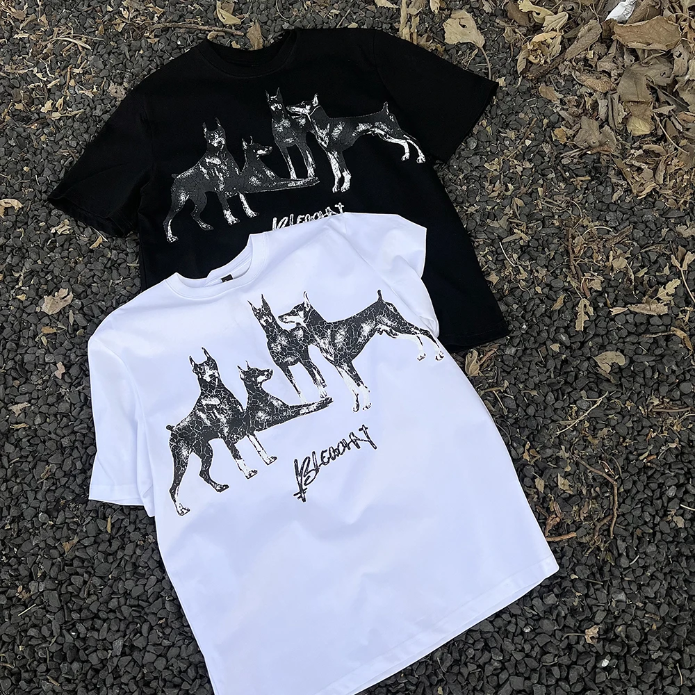 杜宾犬印花短袖t恤男夏季2025新款宽松男士时尚休闲260g体恤上衣