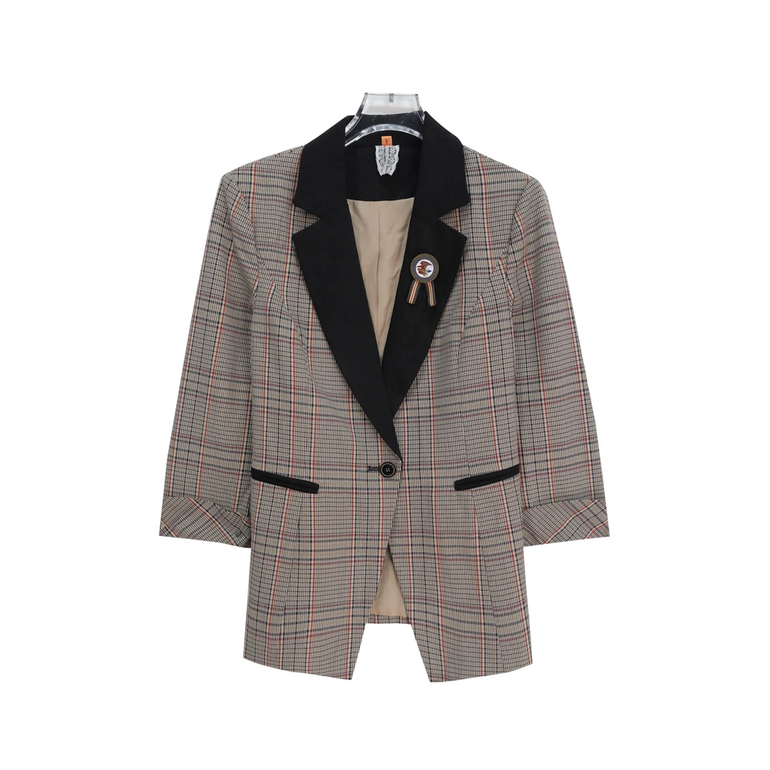 新款气质赫本拼接格子法式英伦风百搭西装外套S2816