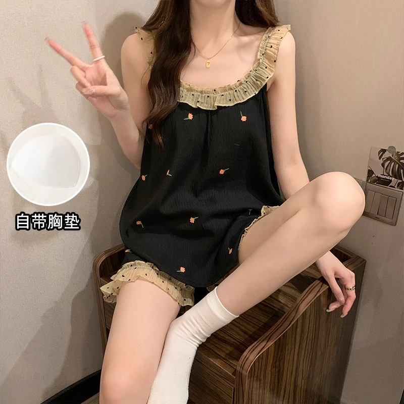 2025新款带胸垫吊带睡衣女夏天甜美性感家居服云朵棉薄款夏季套装