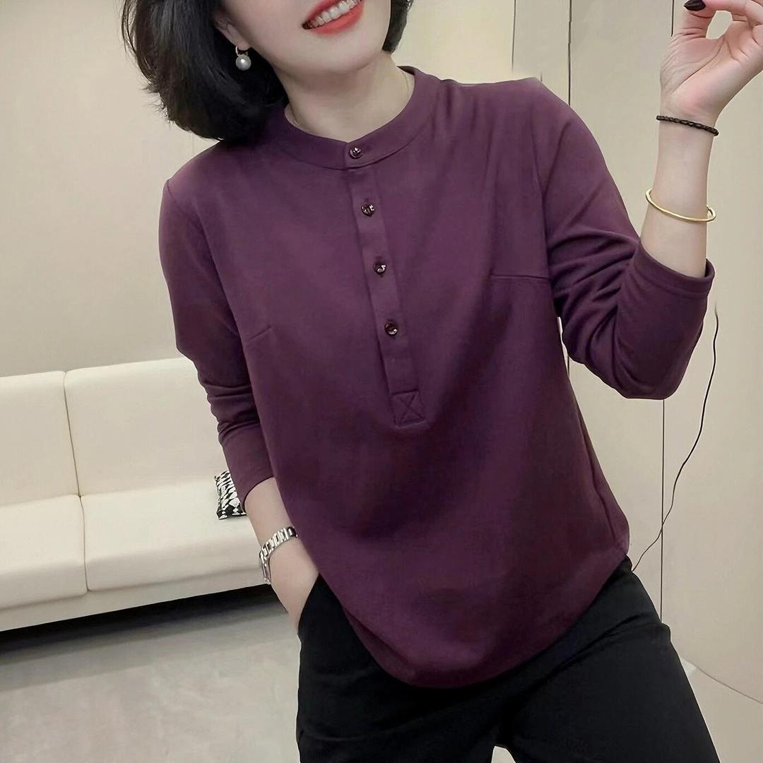 简约纯色圆领半开扣长袖衬衣春秋新款宽松显瘦百搭休闲胖妹妹上衣